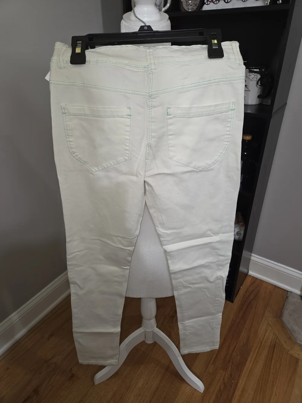 Kids Cream Stretch Skinny Jeans With Green Stitching